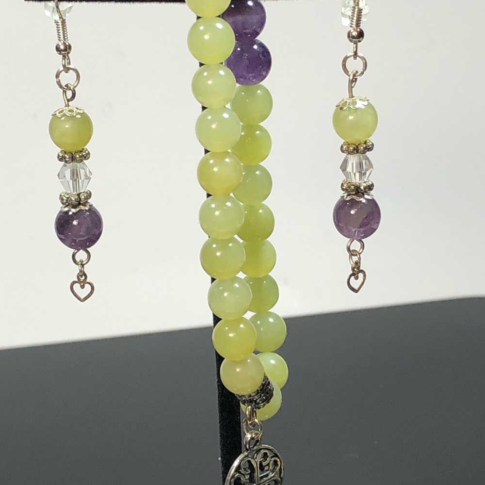Handmade Jade and Amethyst Beaded Stretch Bracelet and Earrings